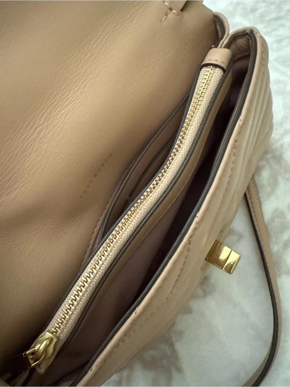 Tory Burch Kira Chevron Leather Small Crossbody Bag Nude with Gold Hardware Logo